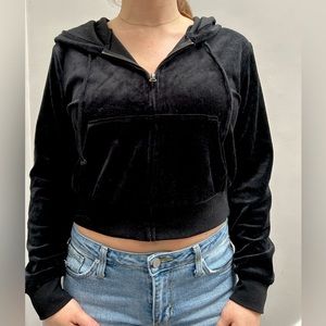Cropped black velour zip up hoodie size medium never been worn